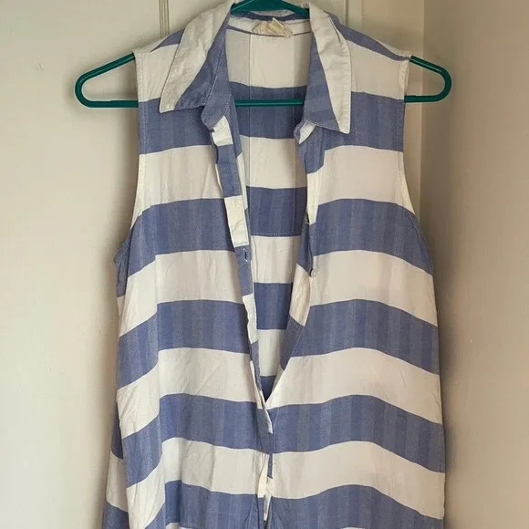 Blue and White Striped Button down Tank top - Picture 1 of 4